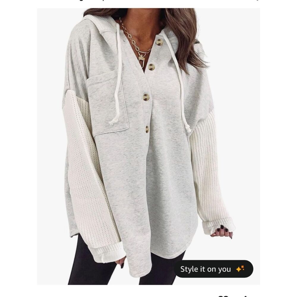 SHEWIN Oversized Hooded Sweatshirt Gray Button Detail Size L